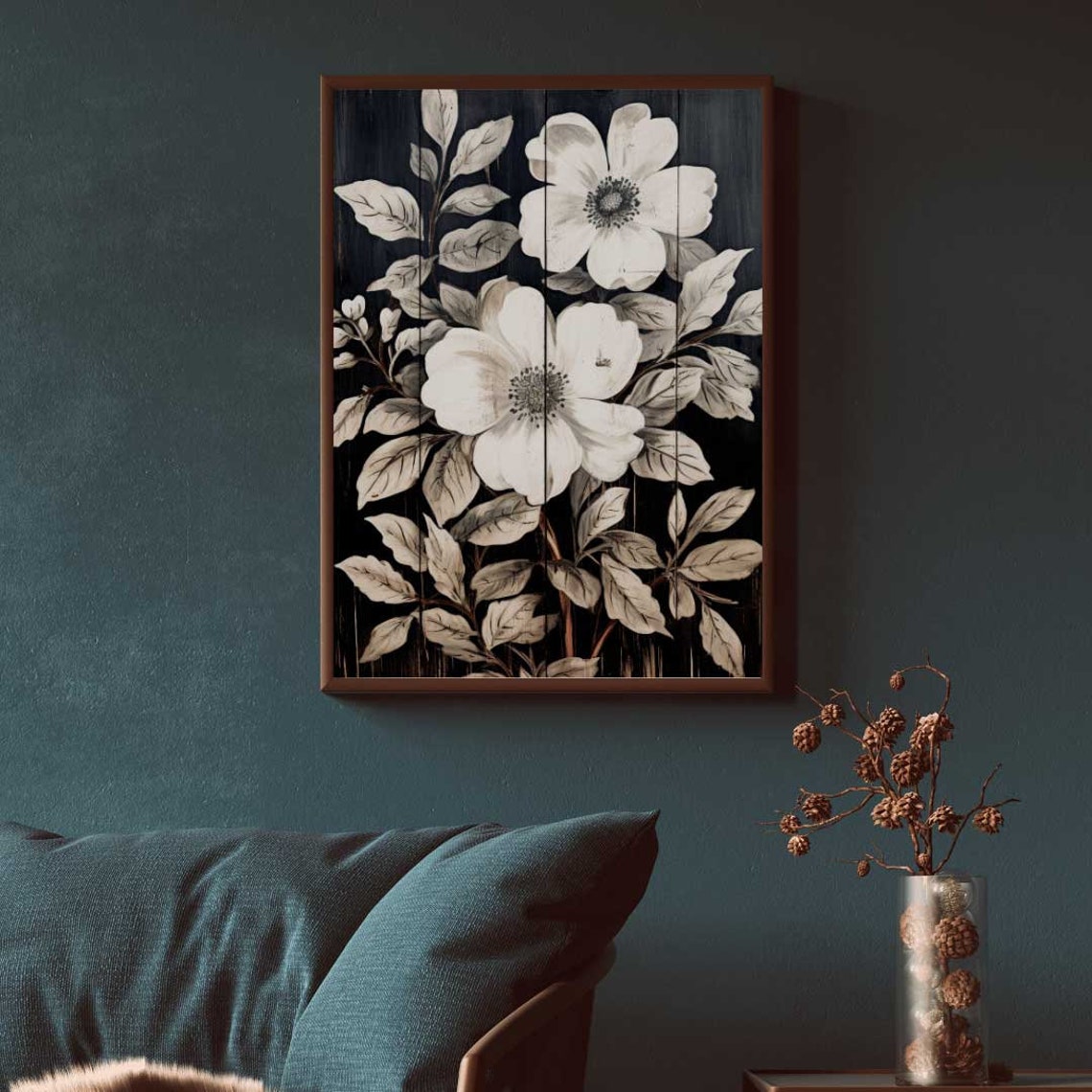 Two White Anemone Flowers on Black Wood Rustic Vintage Art Poster - Image 2