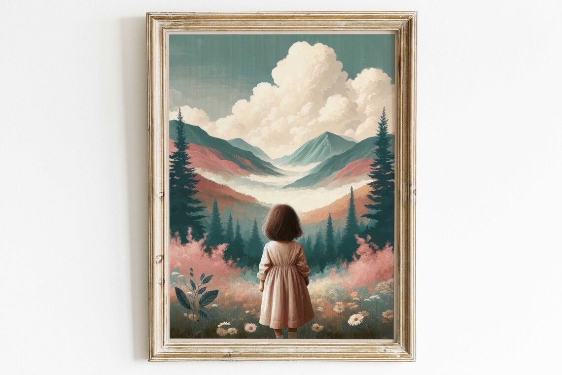 Girl Gazing Over Mountain Valley Wildflowers Adventure Poster