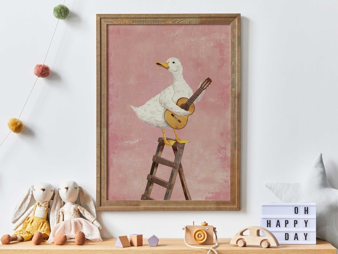 White Goose Playing Guitar Poster Pink Funny Animal Nursery Decor - Image 3