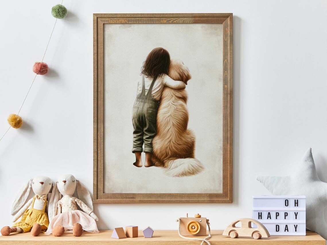 Girl Hugging Her Golden Retriever Vintage Nursery Art Poster