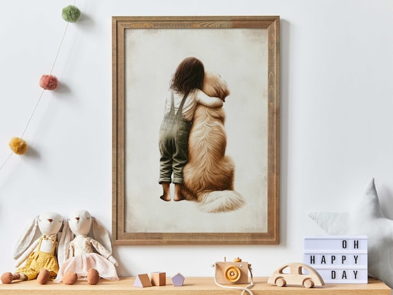 Girl Hugging Her Golden Retriever Vintage Nursery Art Poster
