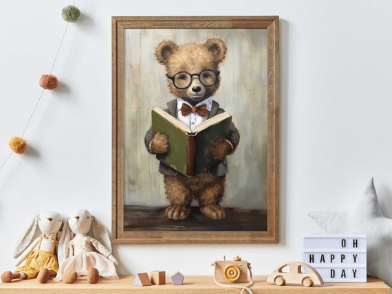 Kids Reading Book Decor Bear Nursery Art Print