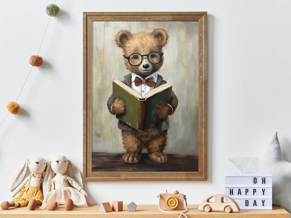 Kids Reading Book Decor Bear Nursery Art Print