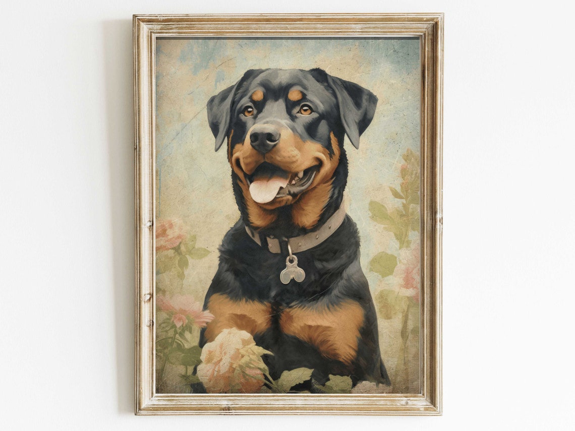 Happy Rottweiler With Flowers Vintage Dog Portrait Art Poster