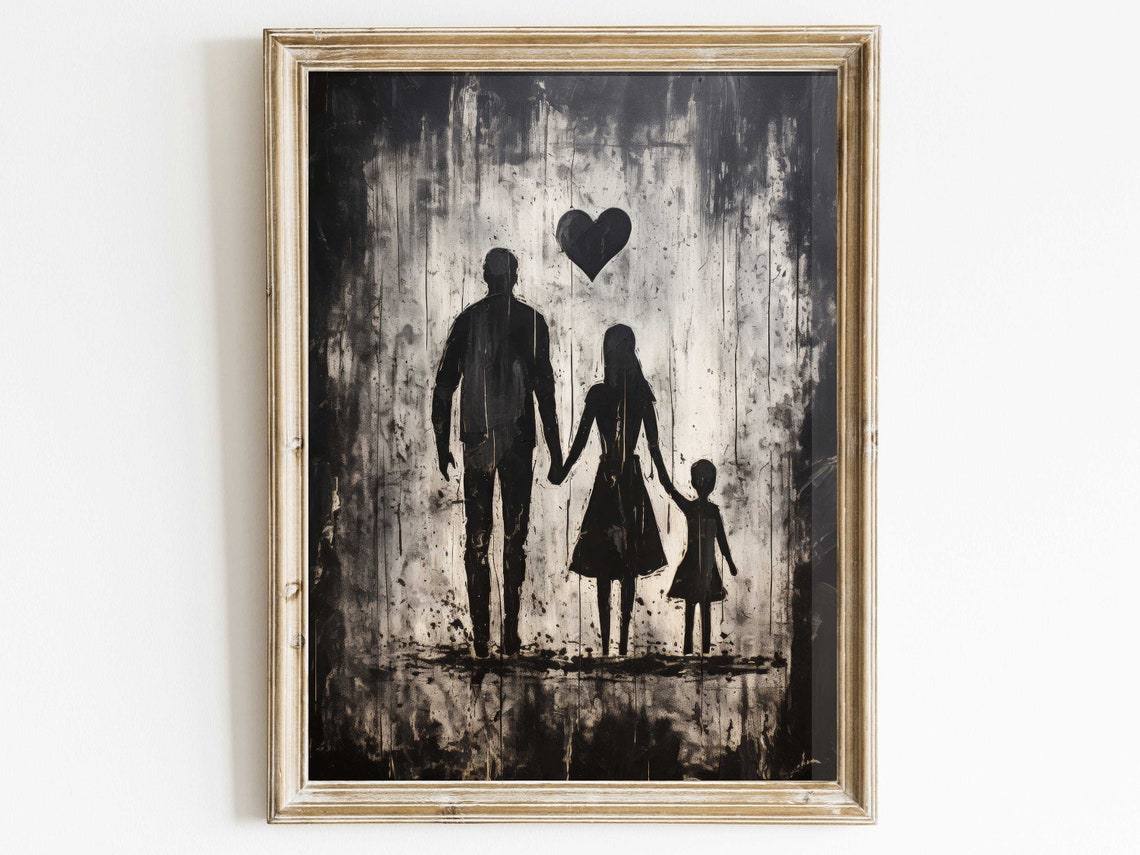Family Silhouettes Holding Hands Under a Heart Modern Art Print