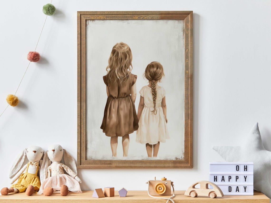 Sister Wall Art Sister Room Decor Vintage Sister Painting Shared Sister Bedroom Print Girls Room Two Girls Print Girl Art