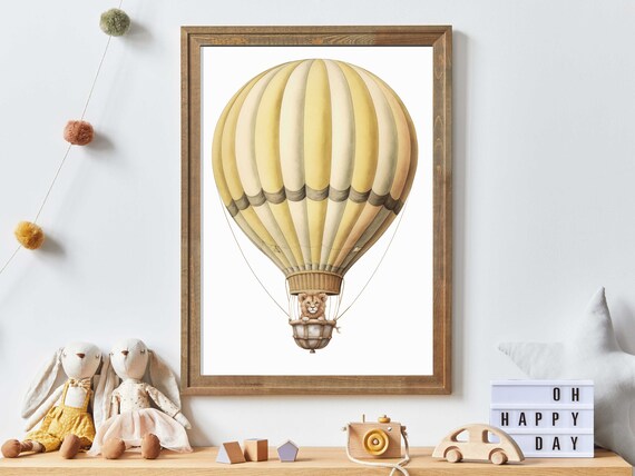 Adorable Lion Riding in Yellow Hot Air Balloon Whimsical Poster