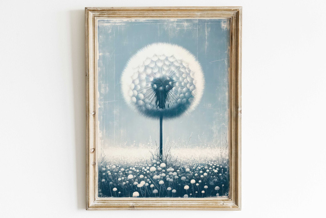Giant Dandelion Seed Head Over Field Blue Vintage Botanical Poster