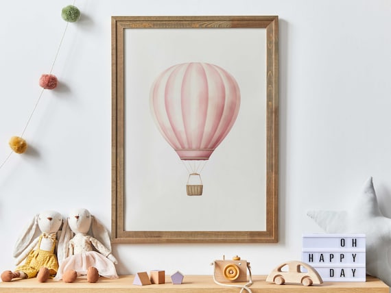 Pink Watercolor Hot Air Balloon Vintage Nursery Adventure Poster