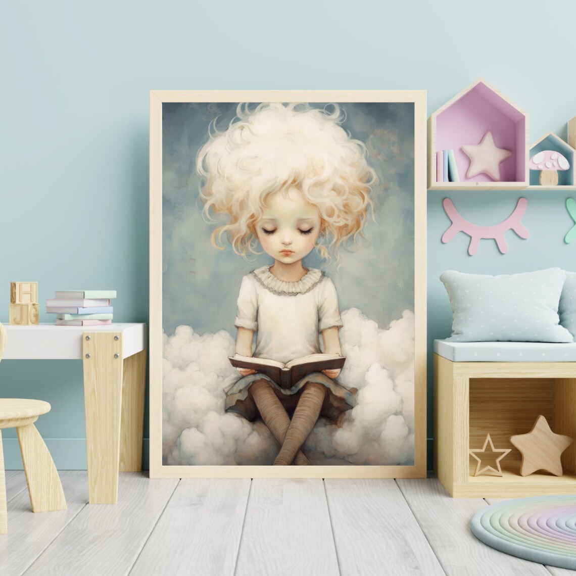 Little Girl Reading a Book Sitting on Clouds Dreamy Art Poster - Image 2