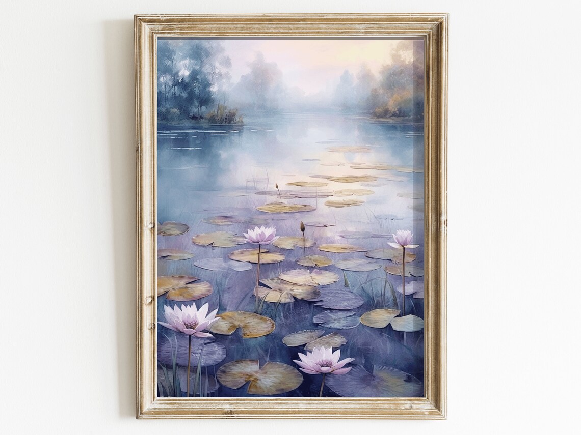 Tranquil Purple Watercolor Water Lily Pond Lake Landscape Art Poster