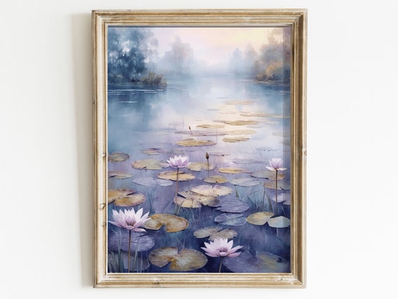 Tranquil Lake Watercolor Print Water Lillies In Purple Colored Lake Landscape Art For Serene Spaces