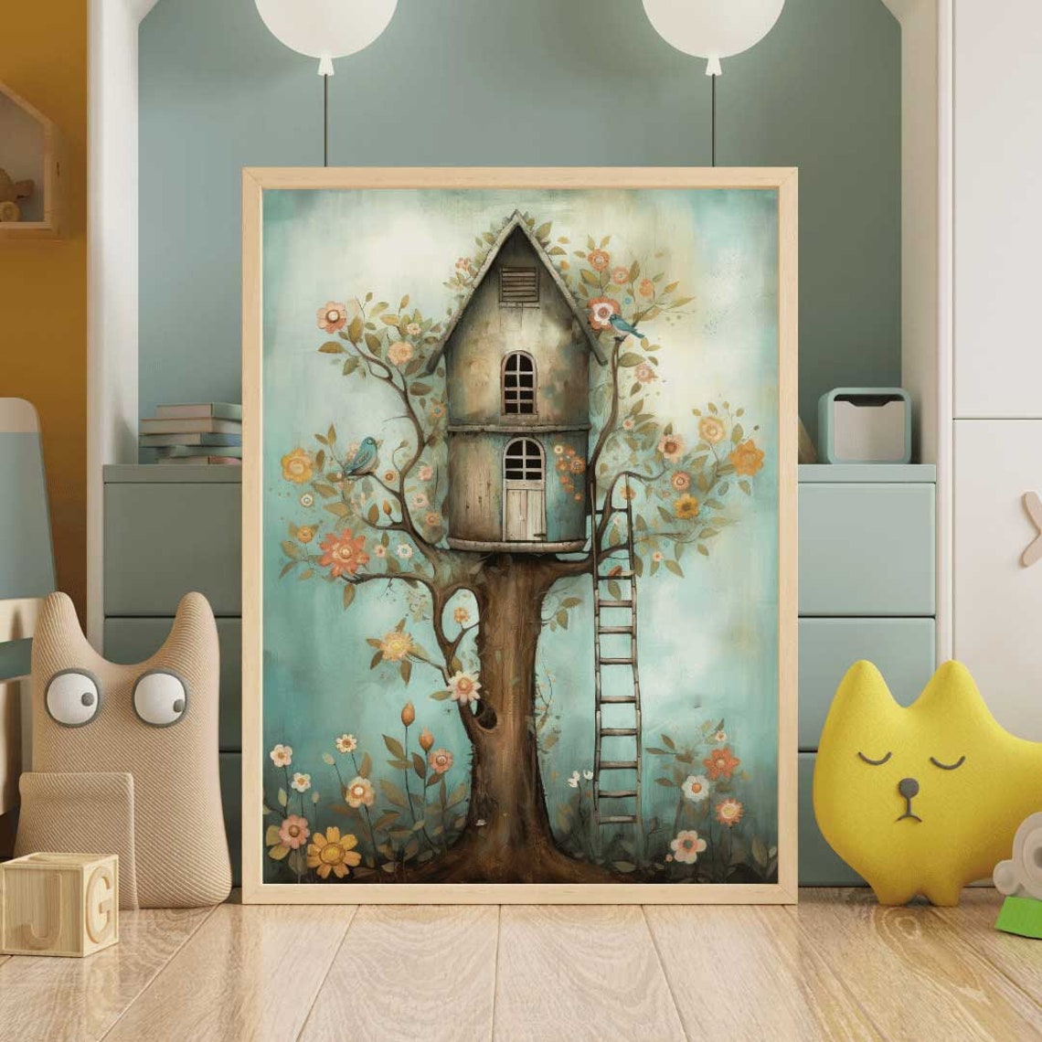 Whimsical Treehouse With Ladder And Flowering Tree Nursery Poster - Image 2