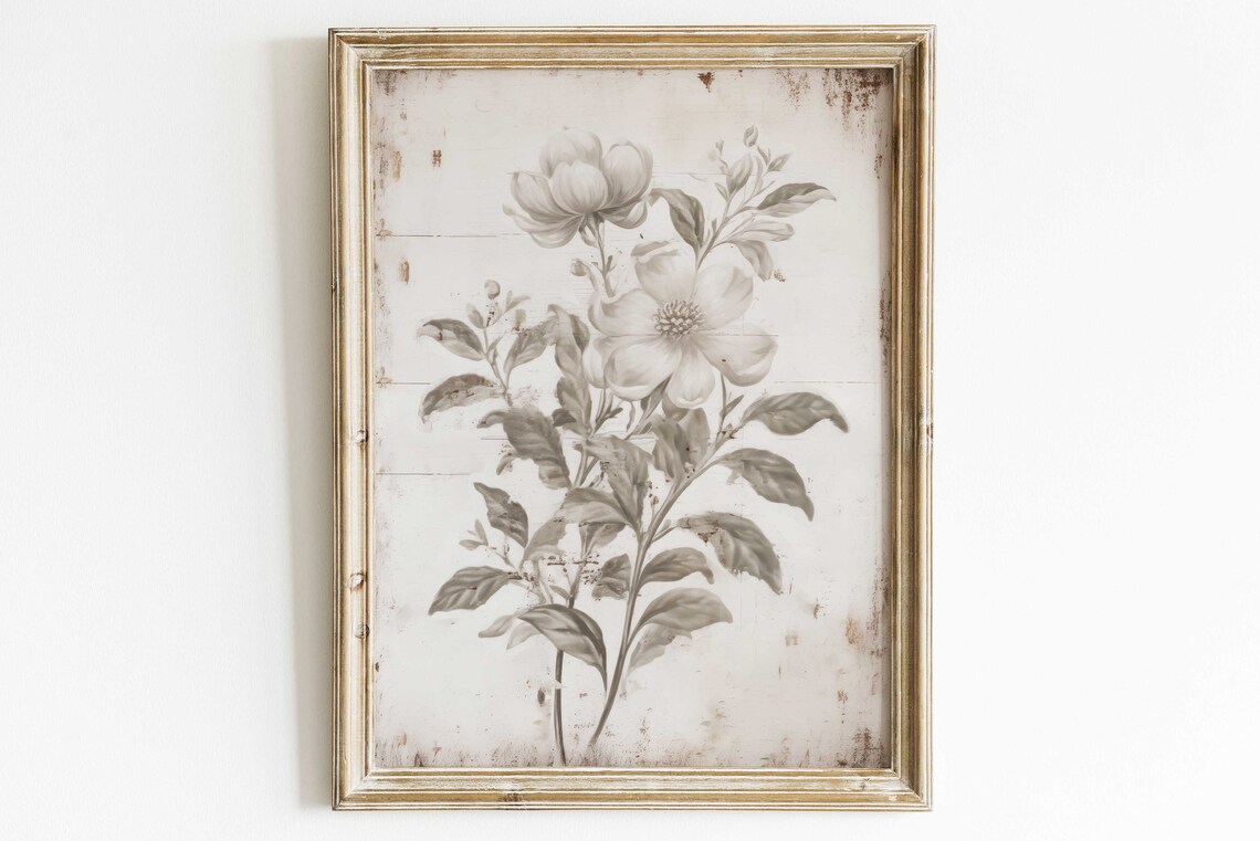 Distressed White Floral Botanical Art on Vintage Wood Poster
