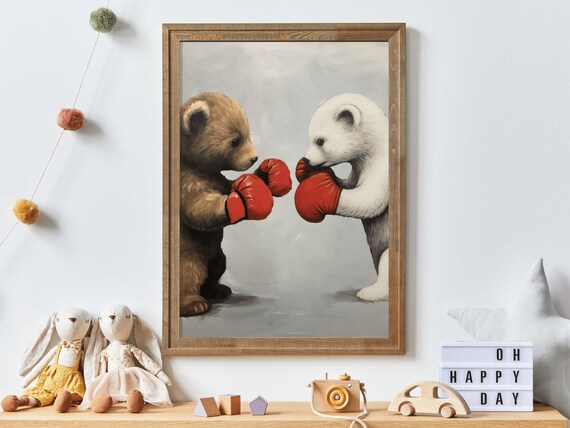Two Playful Bear Cubs Boxing with Red Gloves Funny Nursery Poster