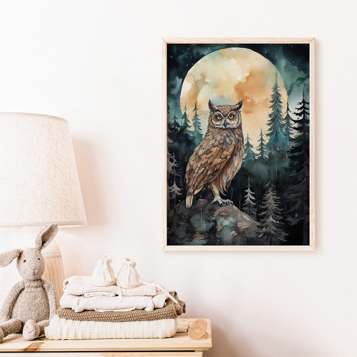 Owl Watercolor Forest Moon Art Print - Image 2
