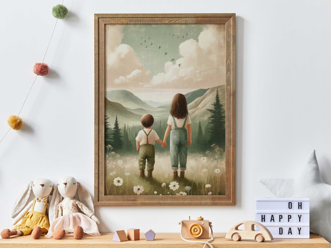 Brother And Sister Holding Hands Looking At Misty Mountains Poster