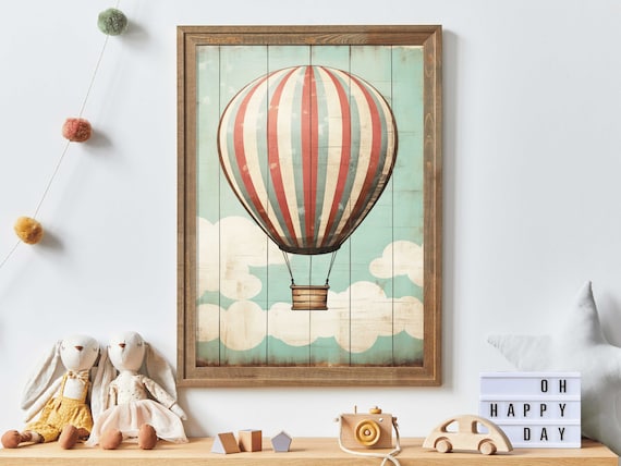 Whimsical Vintage Striped Hot Air Balloon Nursery Wall Decor Poster