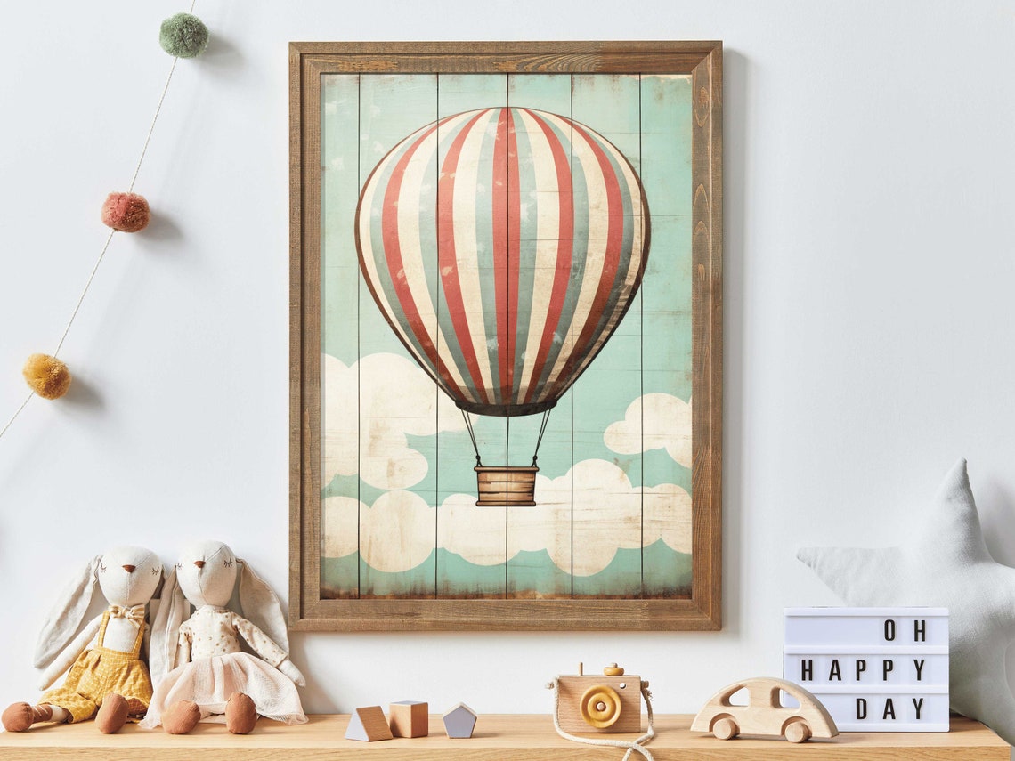 Whimsical Vintage Striped Hot Air Balloon Nursery Wall Decor Poster