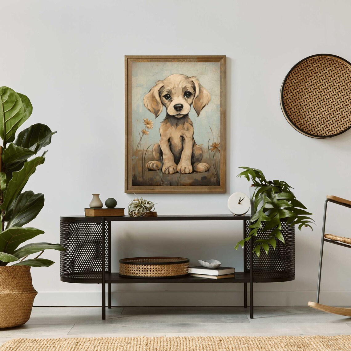 Adorable Tan Puppy With Daisies Vintage Nursery Portrait Poster - Image 2
