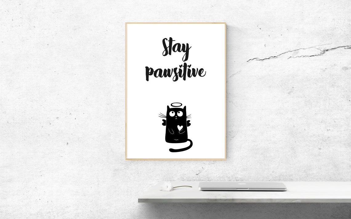 Stay Pawsitive Funny Black Cat Angel Cute Kitten Pun Wall Poster - Image 2