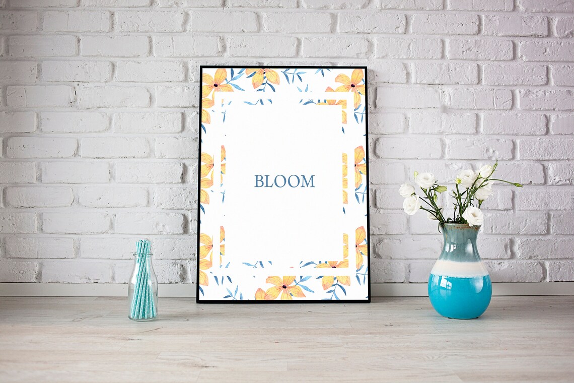 Bloom Floral Border Botanical Yellow Blue Watercolor Decor Poster