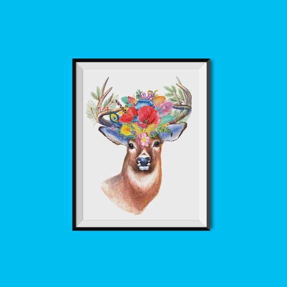 Deer Floral Crown Watercolor Woodland Animal Botanical Wall Print