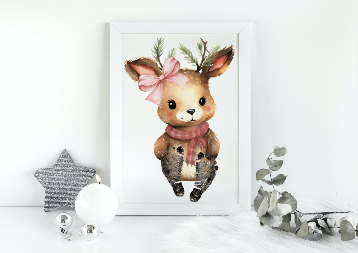 Deer Girl With Pink Bow Scarf Baby Footprint Keepsake Poster - Image 4