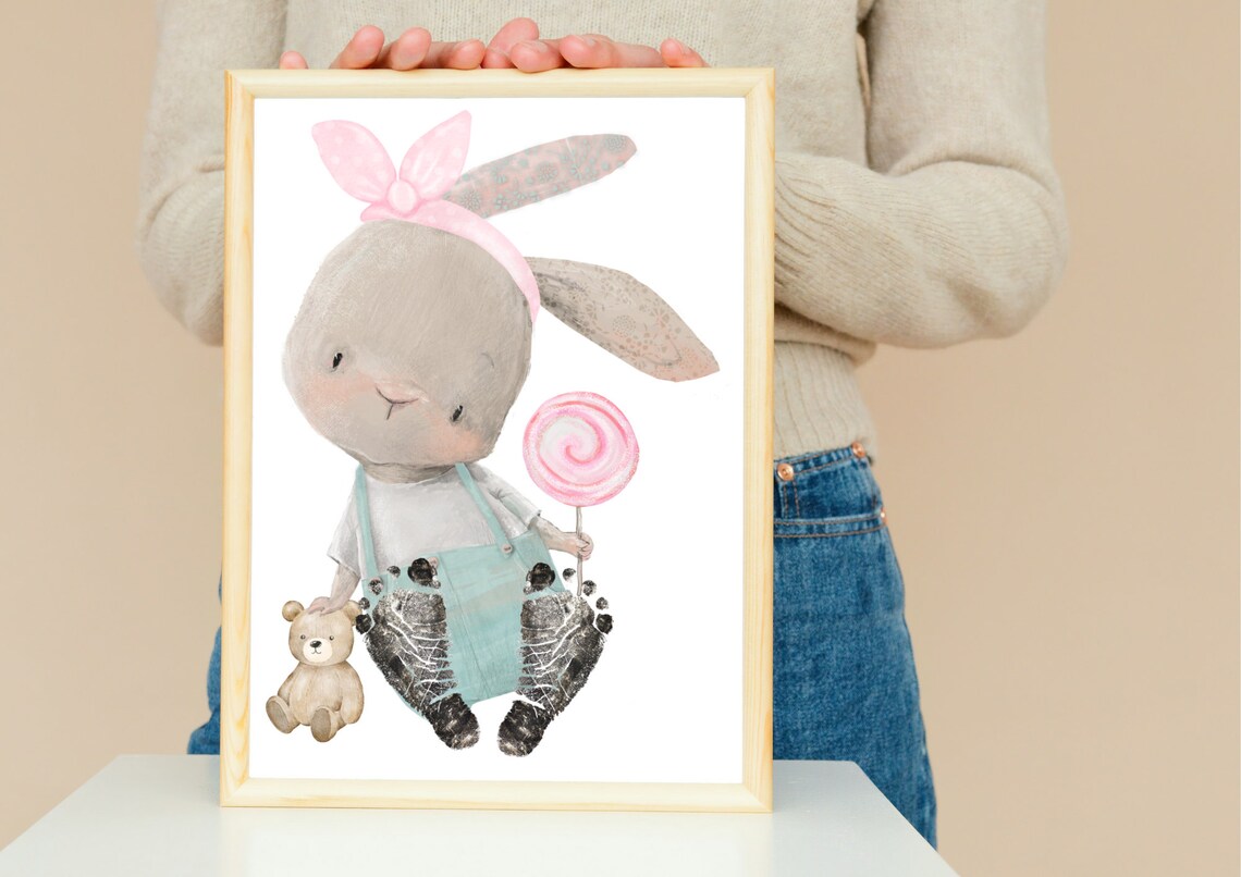 Bunny Girl With Pink Bow Lollipop Teddy Footprint Nursery Poster - Image 3