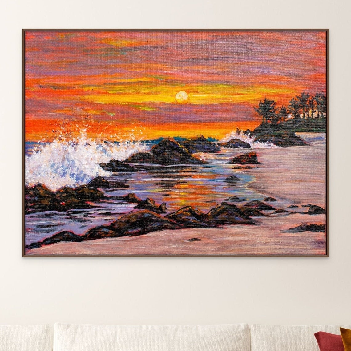 Rocky Shoreline Sunset Waves Crash Orange Sky Ocean Beach Poster