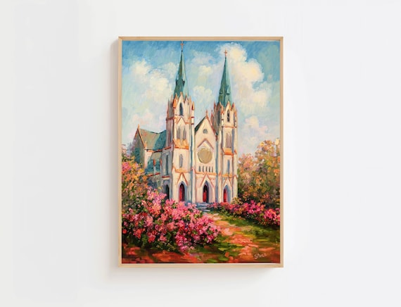 Savannah Cathedral Twin Spire Gothic Church Spring Painting Poster
