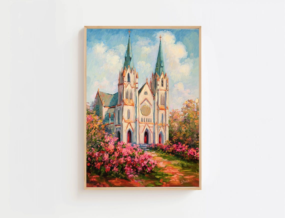 Savannah Cathedral Twin Spire Gothic Church Spring Painting Poster