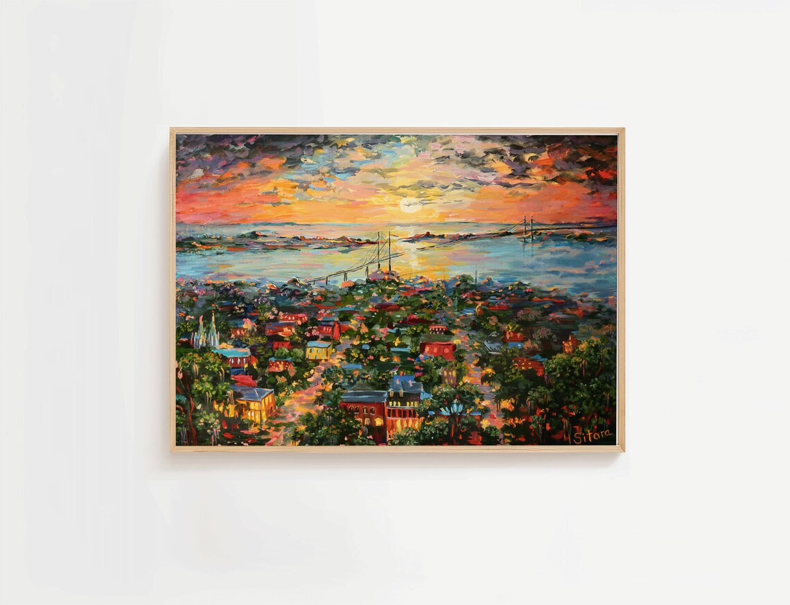 Savannah Sunset, Talmadge Bridge Cityscape Poster