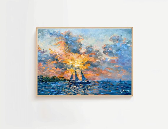 Sunset Sailboat Ocean Voyage Impressionist Blue Orange Painting Poster