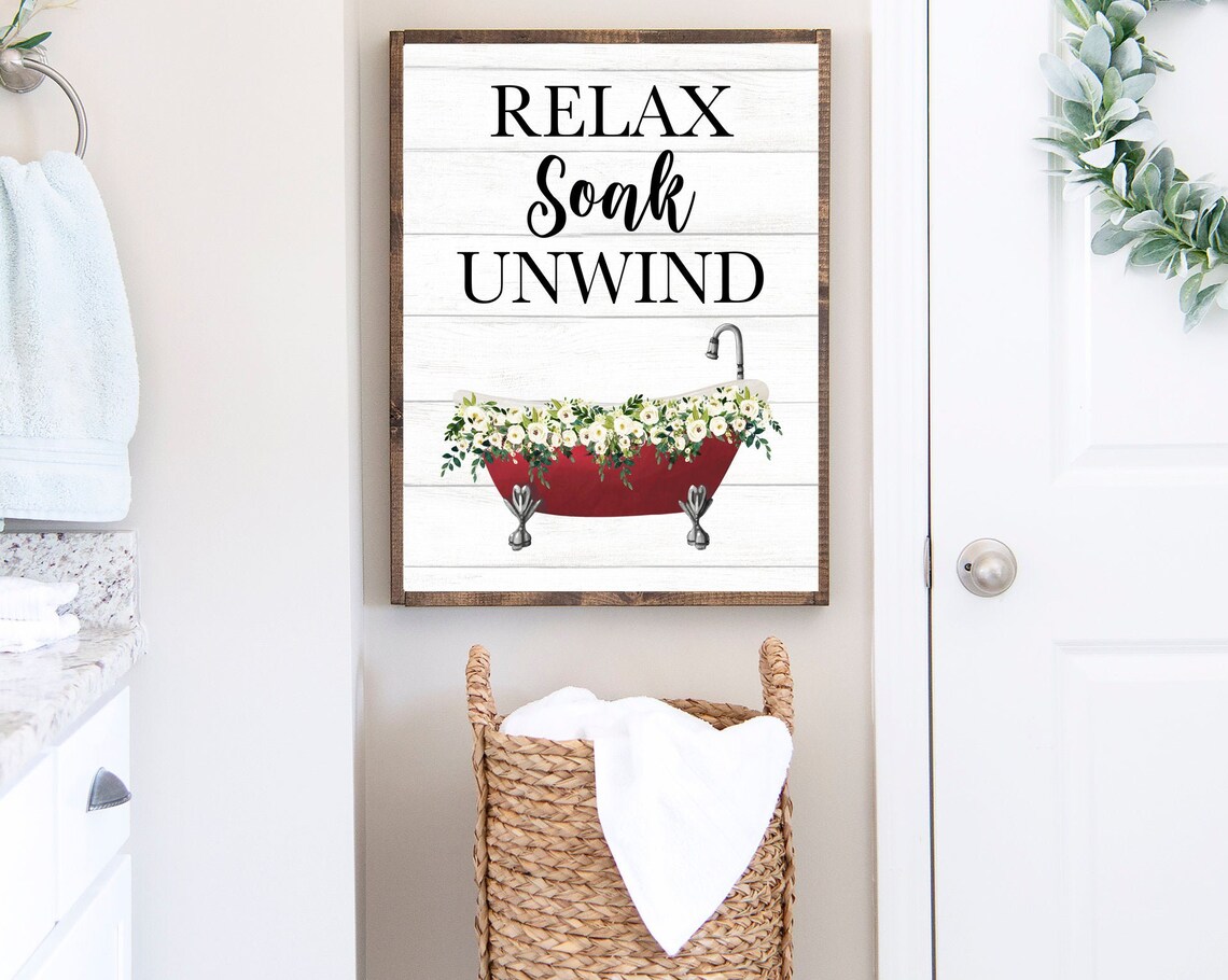 Relax Soak Unwind Red Clawfoot Tub With White Flowers Bathroom Poster