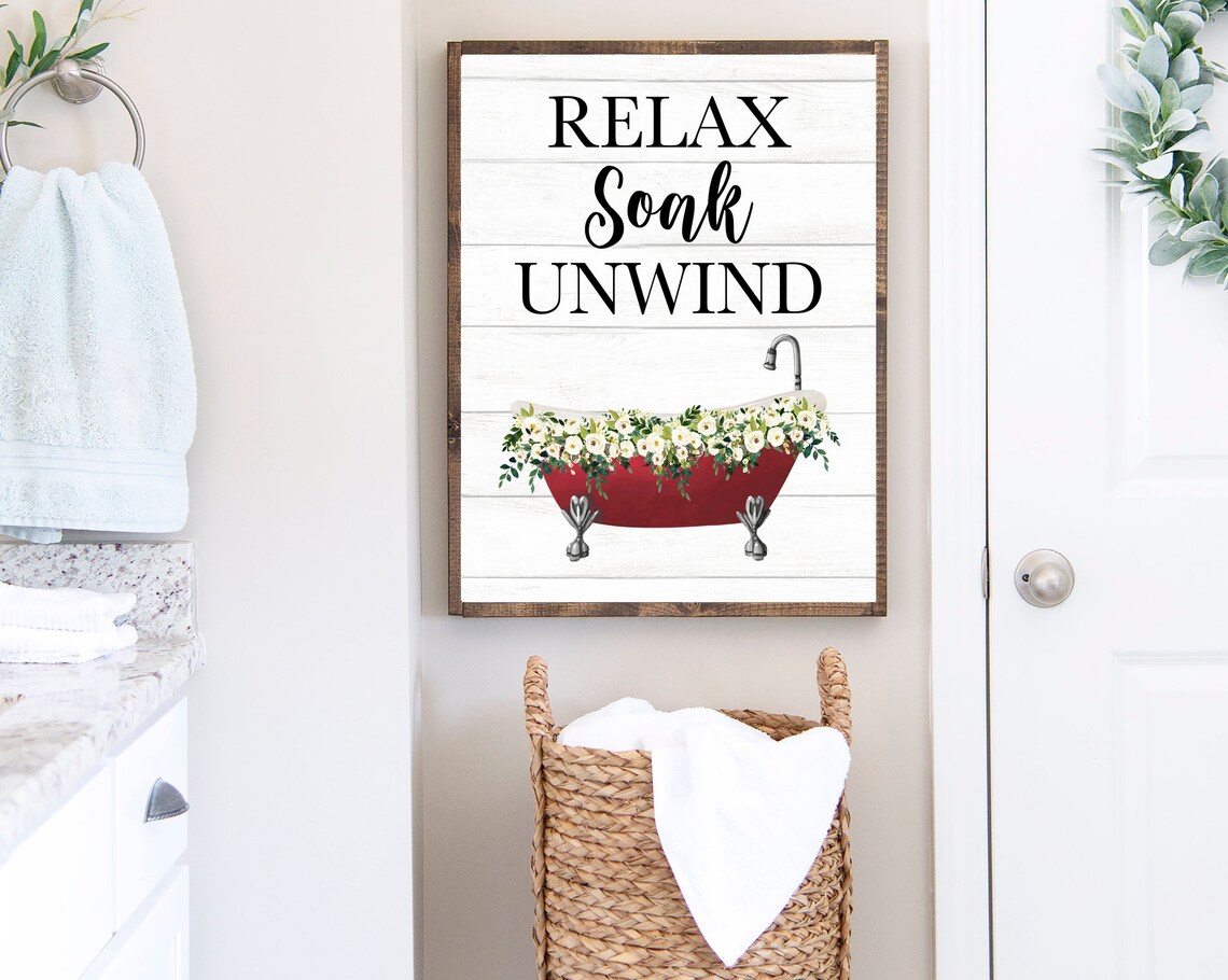 Vintage Red Clawfoot Tub With Flowers Relax Soak Unwind Poster