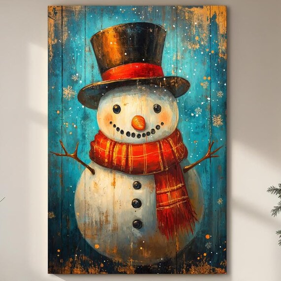 Whimsical Snowman Vintage Top Hat Red Scarf Rustic Christmas Print