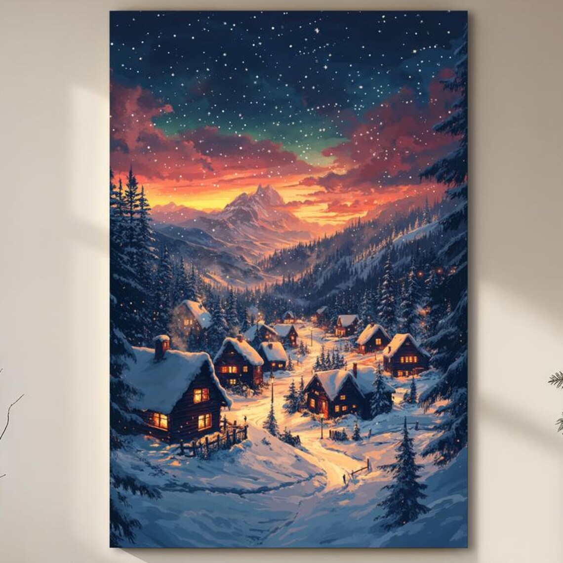 Snowy Mountain Village at Night Starry Sky Winter Landscape Poster