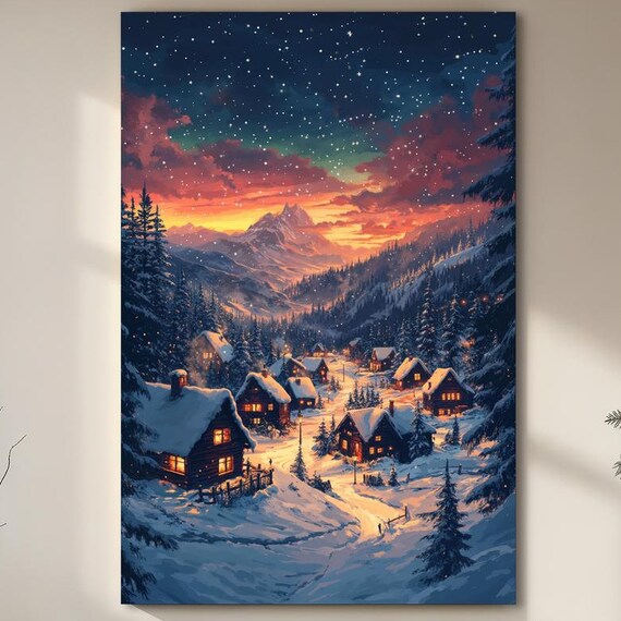 Snowy Mountain Village at Night Starry Sky Winter Landscape Poster