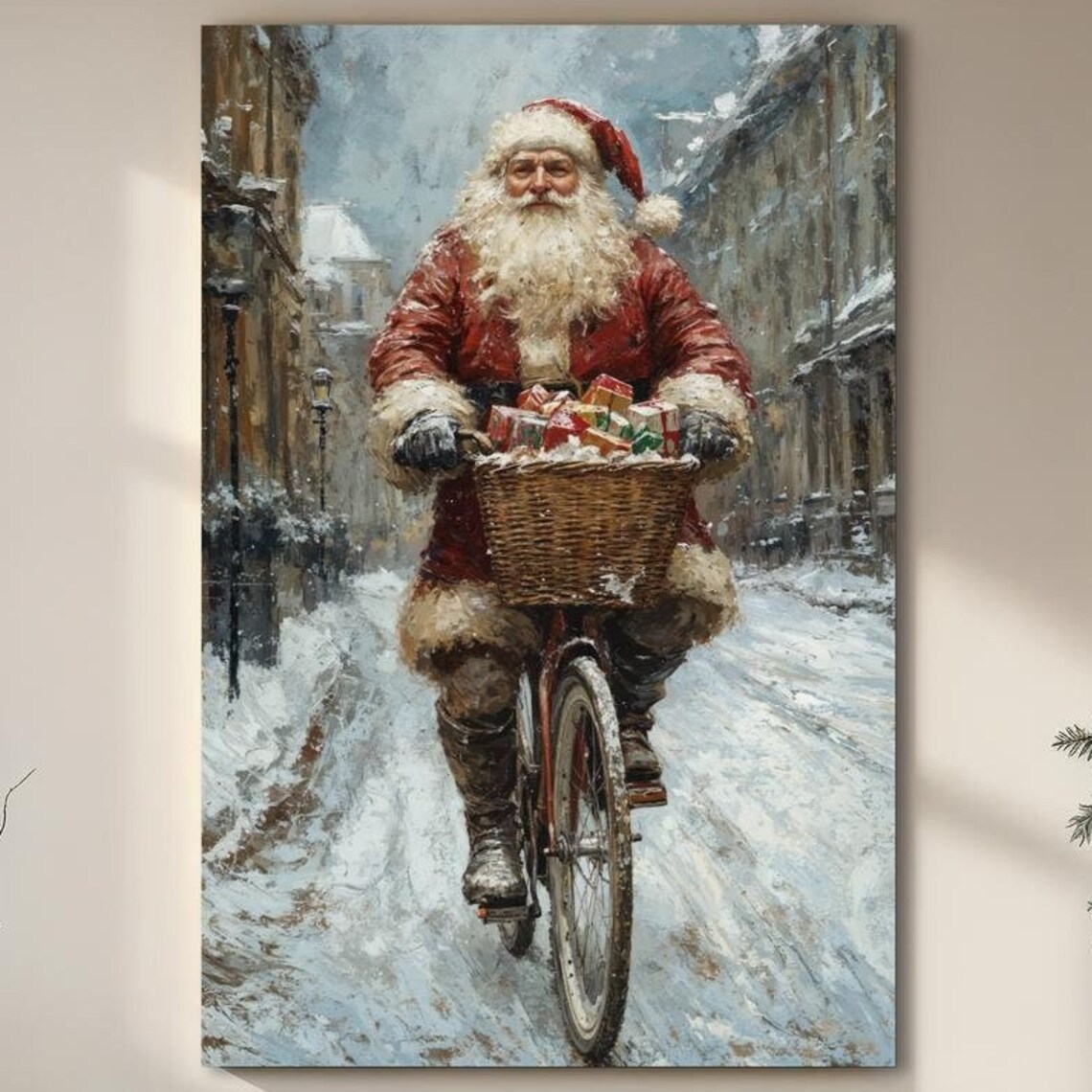 Santa Claus Riding Bicycle with Gifts Through Snowy Street Poster