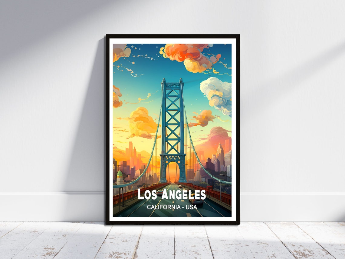 Los Angeles Bridge Golden Sunset Skyline California Travel Poster