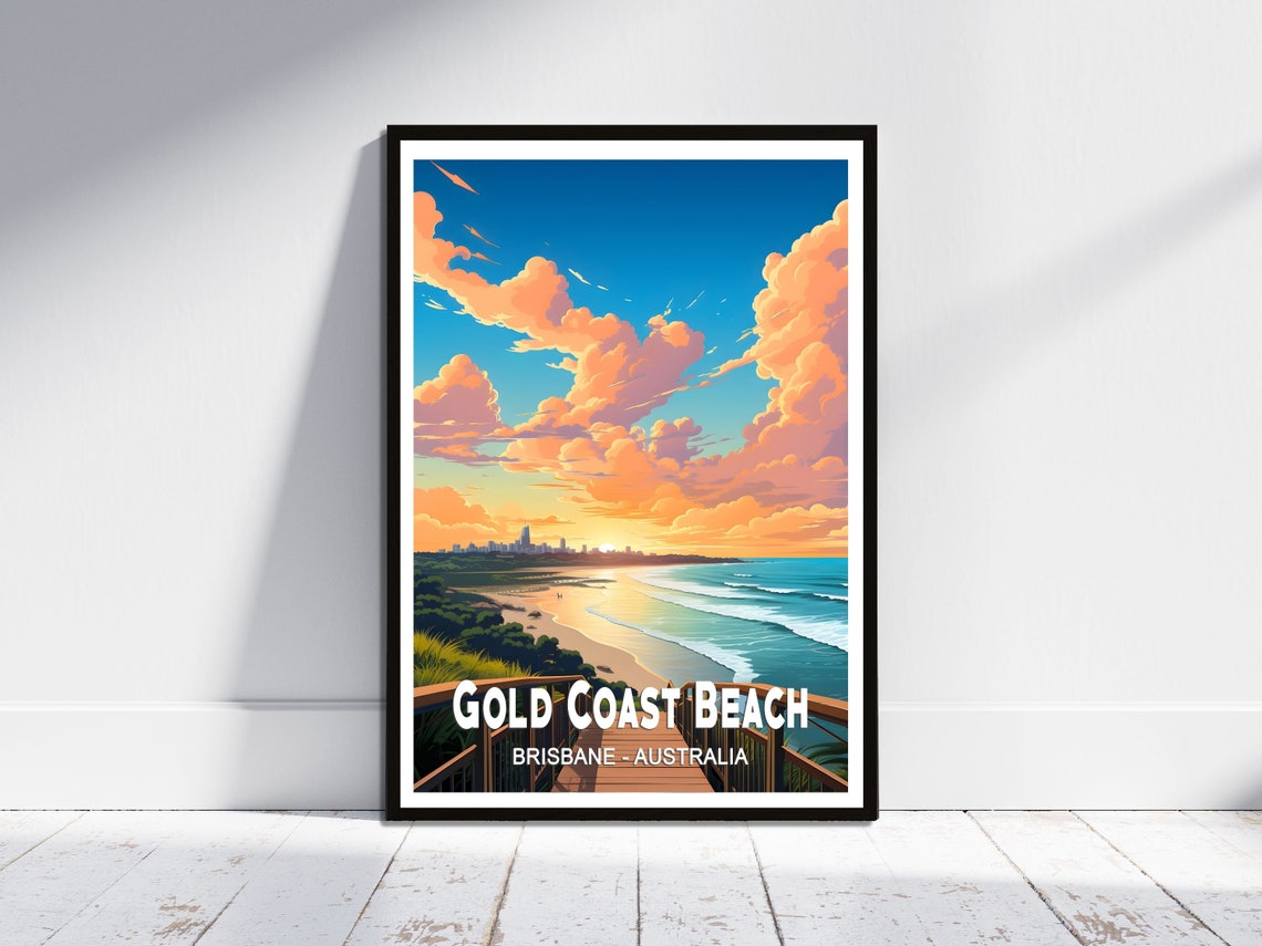Gold Coast Beach Australia Sunset Boardwalk Ocean Travel Poster