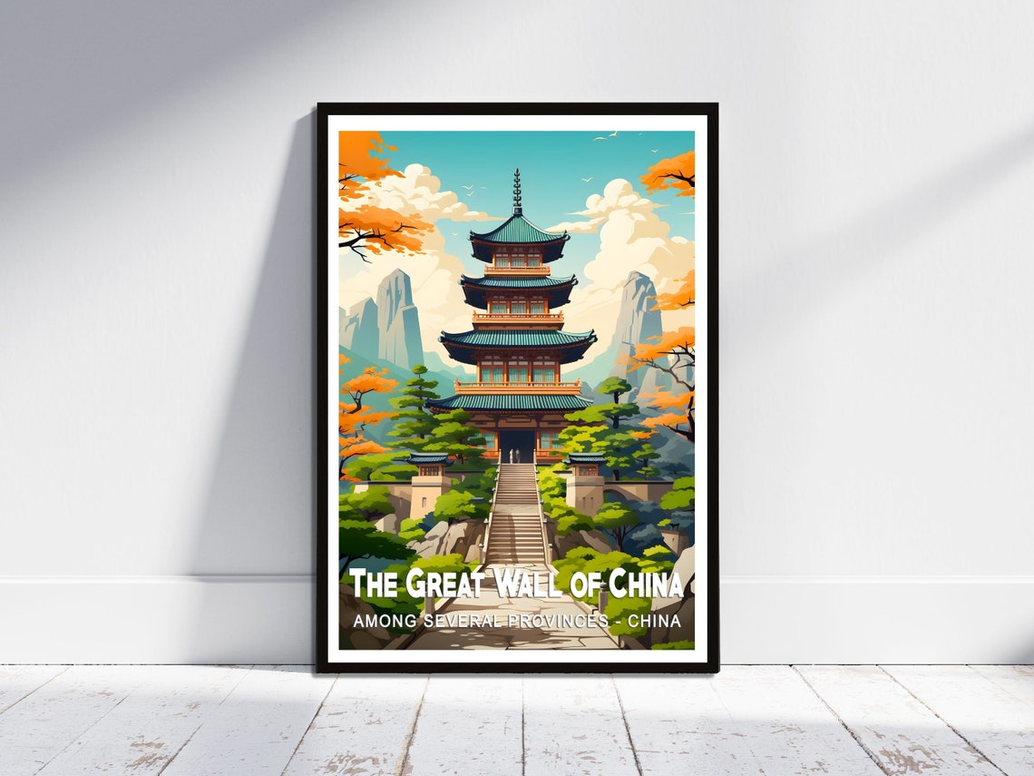 China Mountain Pagoda Temple Misty Peaks Sunrise Travel Poster