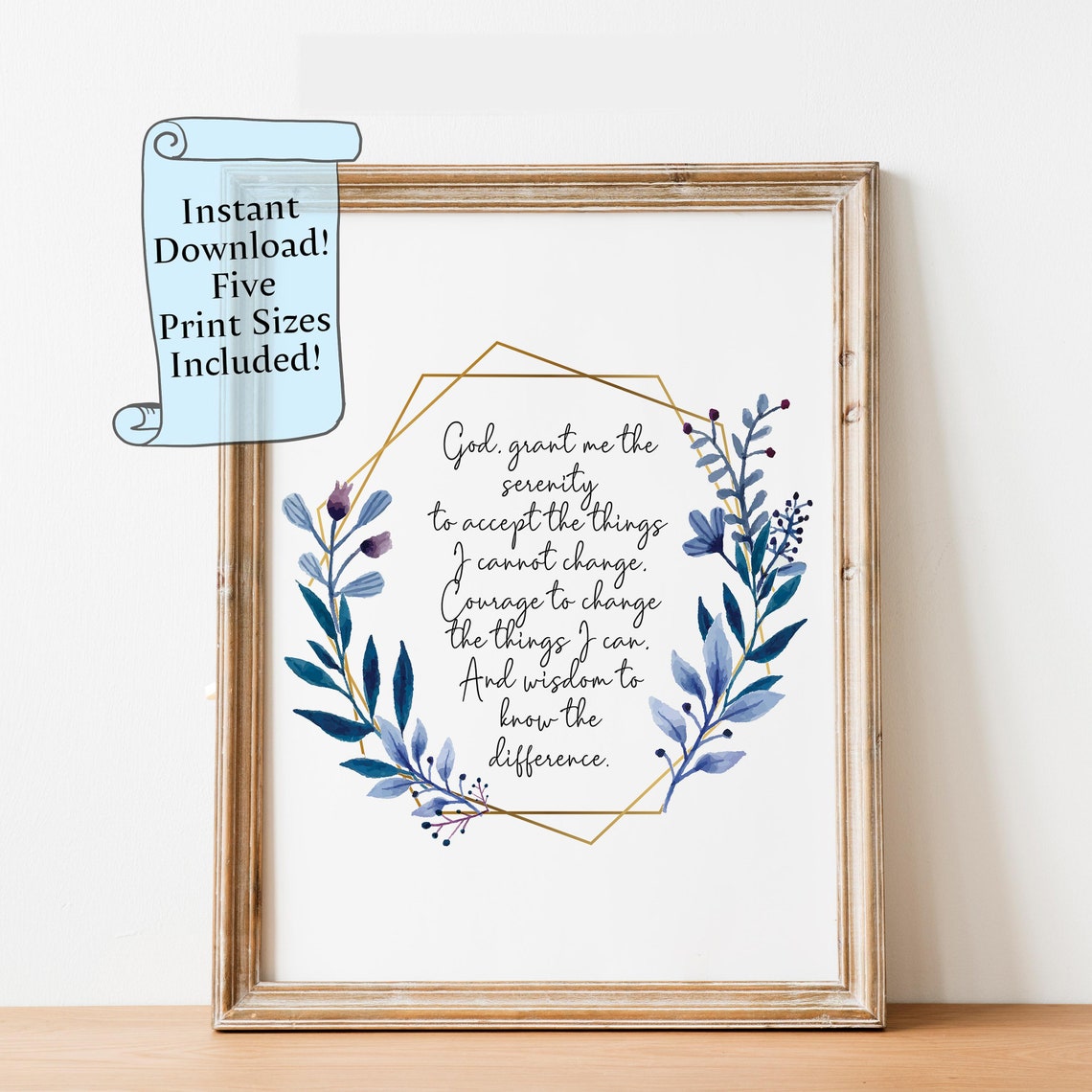 Serenity Prayer Quote Poster With Blue Watercolor Botanical Wreath