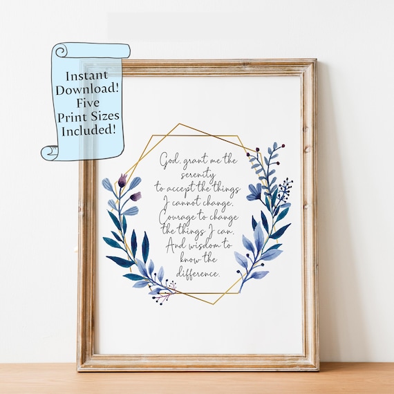 Serenity Prayer Quote Poster With Blue Watercolor Botanical Wreath