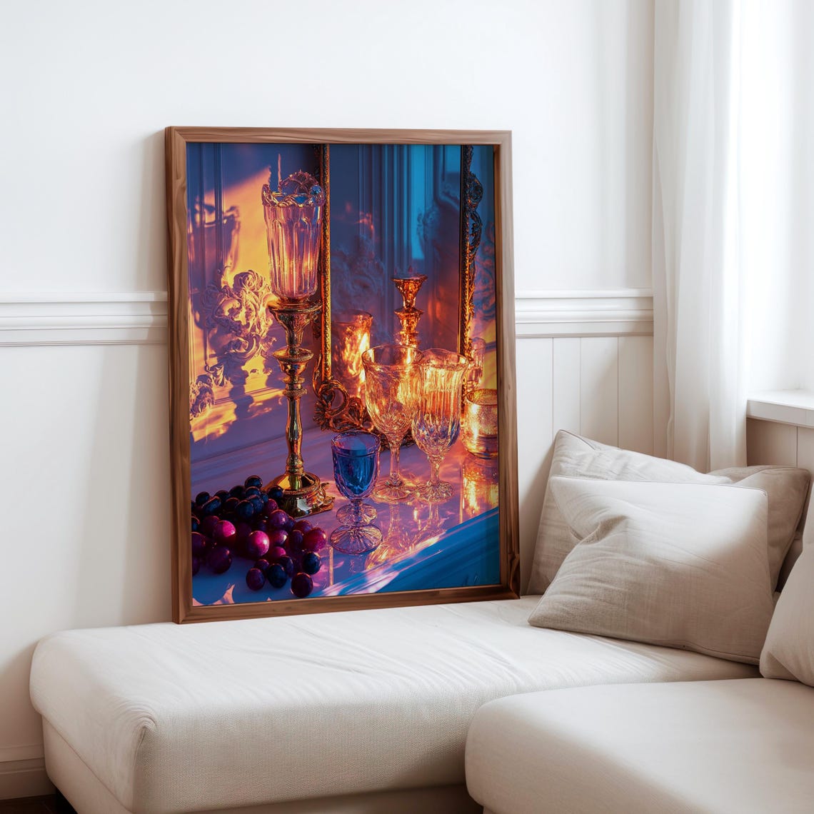 Golden Amber and Cobalt Still Life with Crystal Goblets Poster Art