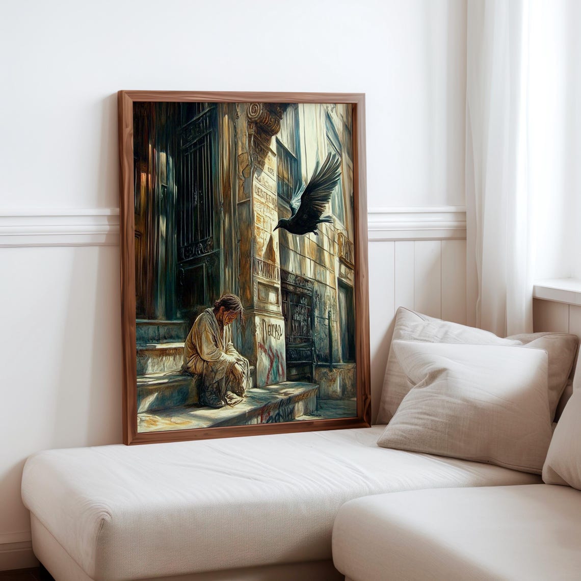 Bowed Man Steps Flying Crow Sunlit Facade Photorealism Poster