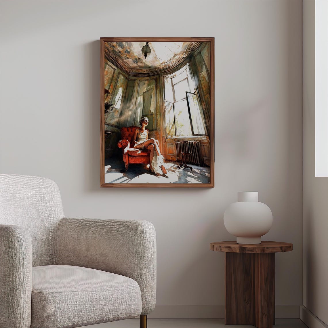 Woman Reclining on Red Chair Ornate Aged Room Painterly Art Print - Image 2