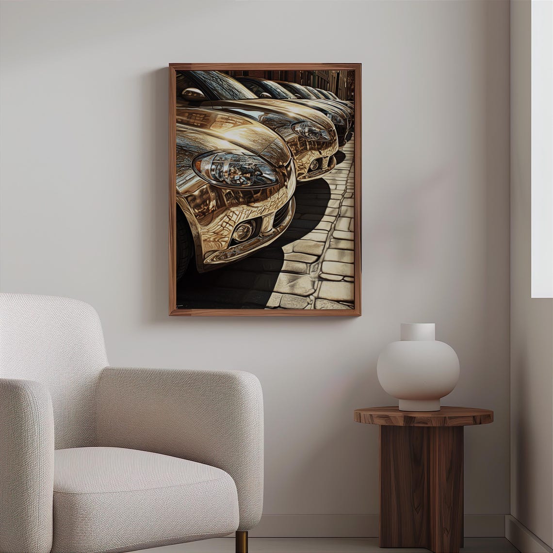 Chrome Sports Cars Cobblestone Street Golden Reflection Auto Poster - Image 2