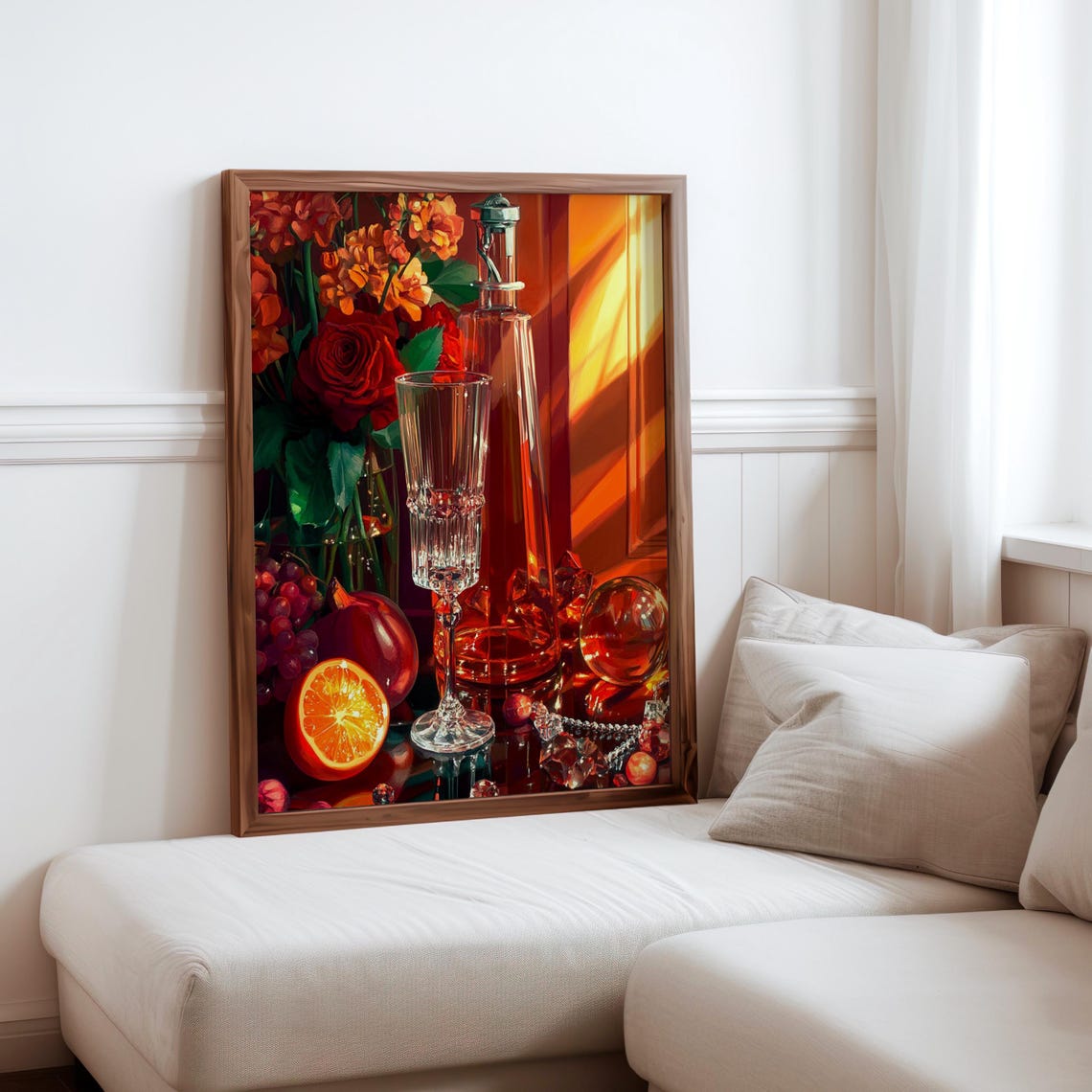 Champagne Flute Decanter Red Rose Orange Glow Still Life Poster